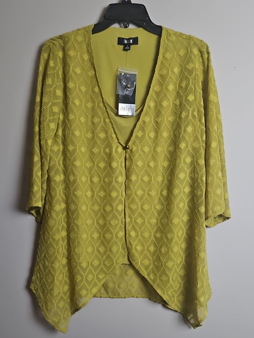 Investments Tank W/ Single Button 3/4 Sleeve Overlay Top : Avocado Oil: Small